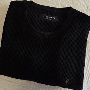 All Saints Black Cotton Knit Crewneck Sweater, Size Medium